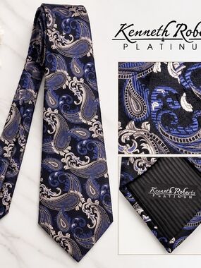 Kenneth Roberts Platinum Men's Blue Black Paisley Necktie
